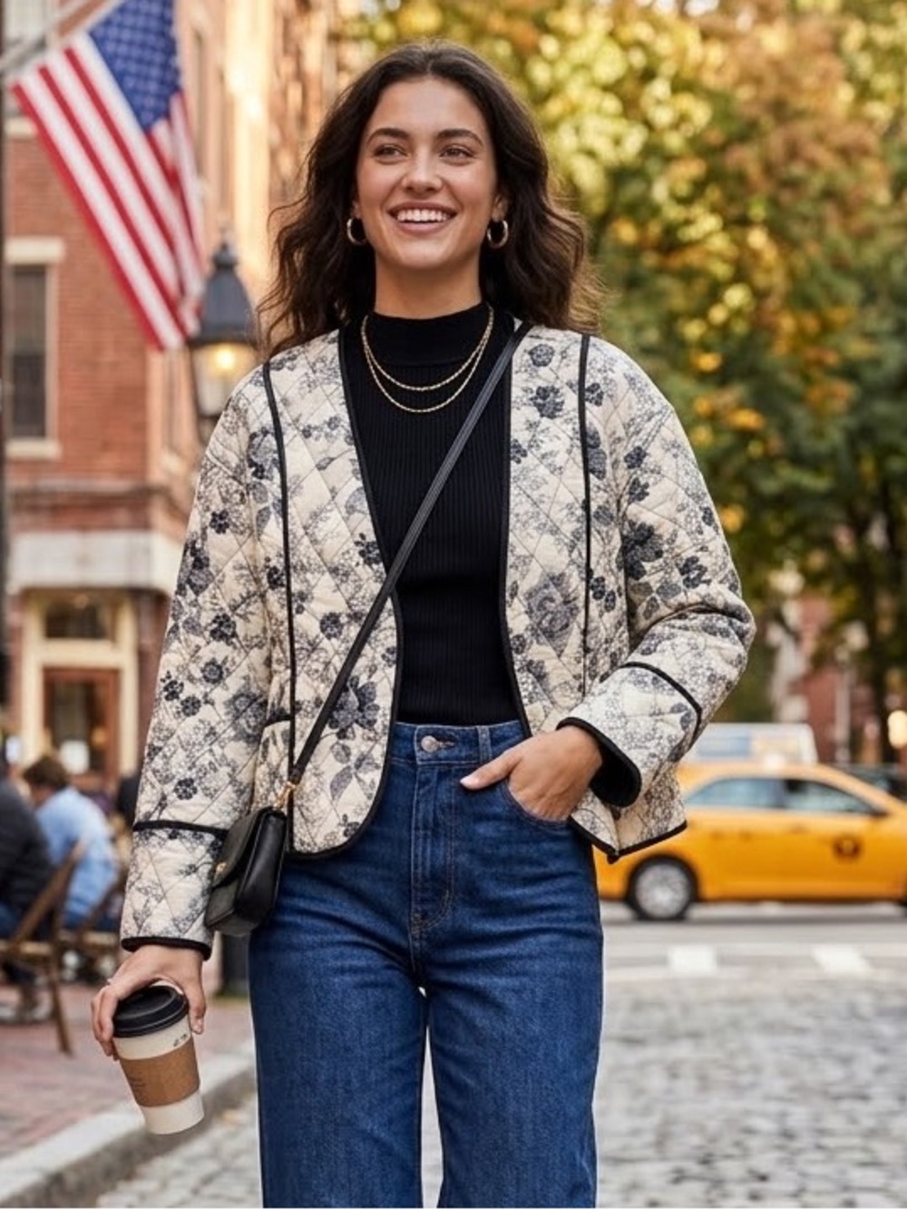 So Me Quilted Floral Blazer Jacket in Cream and Black